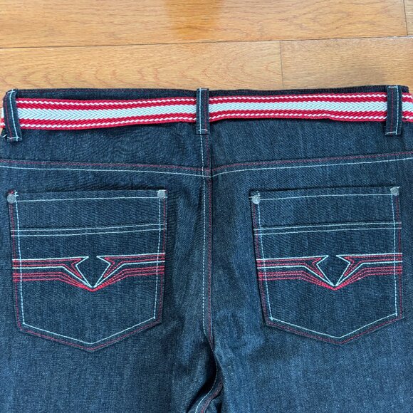 Jinzu Jeans Mens 42x32 Black Embroidered Pockets With Red Belt Baggy Y2K Hip Hop - Picture 3 of 9